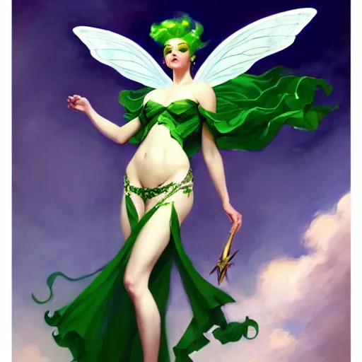 Image similar to greg manchess painting of fairy god mother, green and white hair, long wings, sorceress wand, soft lighting, trending on artstation, by huang guangjian and gil elvgren and sachin teng