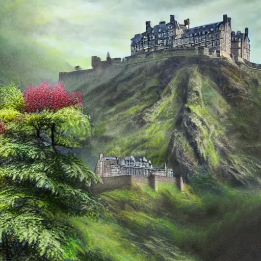 Image similar to a beautiful digital graphics design portrait of Edinburgh castle in Edinburgh. Edinburgh gardens overgrown with plants, caledonian forest, matte painting, fantasy art, highly detailed