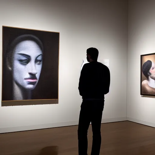 Image similar to A man staring at a painting of himself staring back. Modern art gallery. Wide angle. Photorealistic. Dramatic lighting. Award winning photography. 35mm photograph.