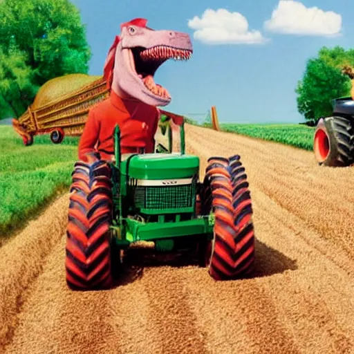 Prompt: high - quality of steve martin driving a tractor, being chased by barney the dinosaur and a swarm of bees, 4 k