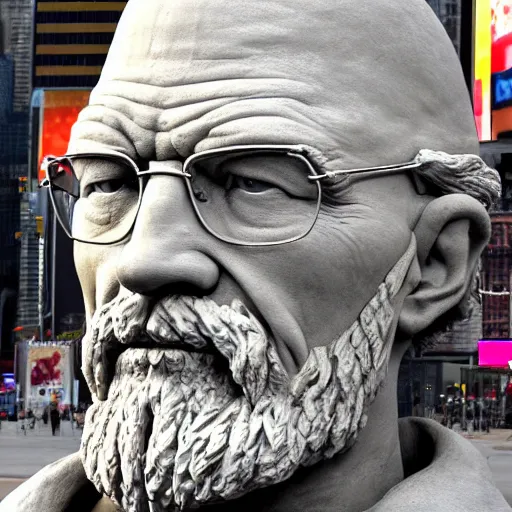 Image similar to extreme long - shot of a very detailed renaissance clay sculpture of walter white wearing a phrygian cap in times square, made by michelangelo, shot from the distance, hyper detailed, sharp focus, 8 k resolution, ray tracing
