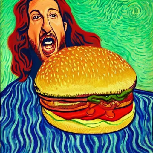 Prompt: portrait of adam sandler screaming at a giant hamburger. painting by vincent van gogh, oil on canvas, rich deep colors.