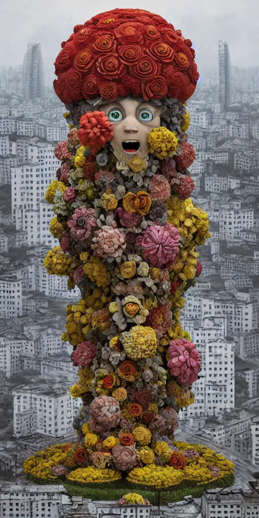 Image similar to colossal grotesque flower made from unfulfilled communist dreams in the middle of abandoned early soviet constructivist cityscape, Stalinist architecture, ultradetailed, Intricate by Hayao Miyazaki and Josan Gonzalez and Makoto Shinkai and Giuseppe Arcimboldo and Wes Anderson