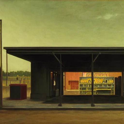 Image similar to a black monster in an abandoned gas station, daguerreotype by edward hopper, by henri rousseau, by Bosch, art noveau, highly detailed, strong lights, liminal, eerie, Bright pastel colors, octane render, 8k,