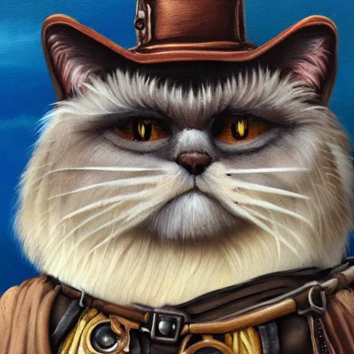 Image similar to anthromorphic fluffy himalayan cat dressed in steampunk clothing, detailed 4 k oil painting