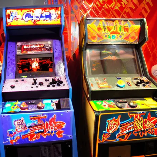 Image similar to grimey japanese retro arcade filled with satanic arcade cabinets, demonic, 9 0's gaming, satanic