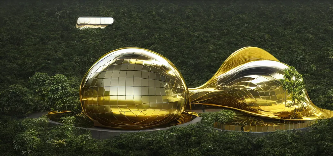 Image similar to futuristic shinny golden mirror building camouflaged in an jungle landscape of a solarpunk world by frank gerhy and oscar niemeyer, shinny golden roads and bridges designed by zaha hadid, movie poster, spiral golden ratio, at dusk lighting, evening lighting, reflections, film still, hyper realistic, octane render redshift arnold materials unreal engine, 8 k post production, hyper detailed