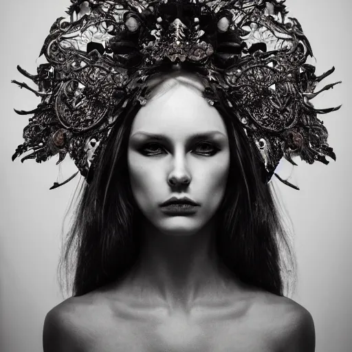 Image similar to a portrait of female model by stefan geselle and nekro borja, photorealistic, intricate details, hyper realistic, ornate headpiece, dark beauty, photorealistic, canon r 3, wide shot, photography, dark beauty, symmetrical features, wide angle shot