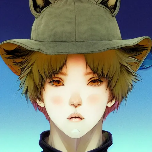 Image similar to prompt : wolf hat character portrait soft light painted by james jean and katsuhiro otomo and erik jones, inspired by evangeleon anime, smooth face feature, intricate oil painting, high detail illustration, sharp high detail, manga and anime 1 9 9 9