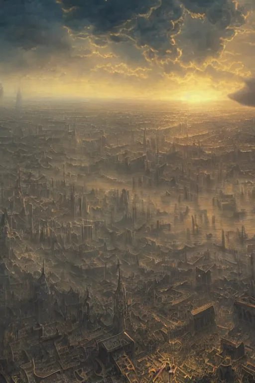 Prompt: a beautiful hyper realistic detailed matte painting of a city floating in the air, flying castle might, vivid color hues, looks like creativity by john howe, greg rutkowski, gustave dore, ferdinand knab, lush sky above a desolate apocalyptic plain, barometric projection, rectilinear, octane render, ellen jewett, beautiful surreal palatial pulsar at dawn