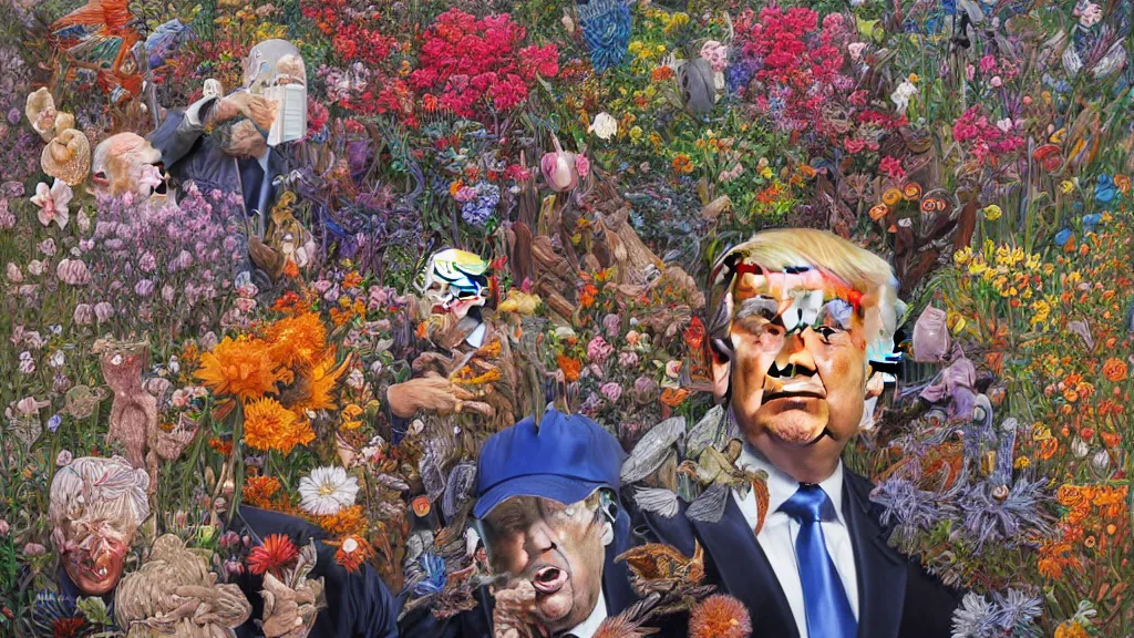 Prompt: highly detailed oil painting of donald trump surrounded by all the known species of flowers by olaf hayek, by moebius, by oliver vernon, by joseph moncada, by damon soule, by manabu ikeda, by kyle hotz, by dan mumford, by kilian eng