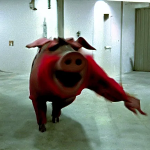 Prompt: creppy 2 0 0 3 photo of a pig masked man screaming in a dark red slaughterhouse