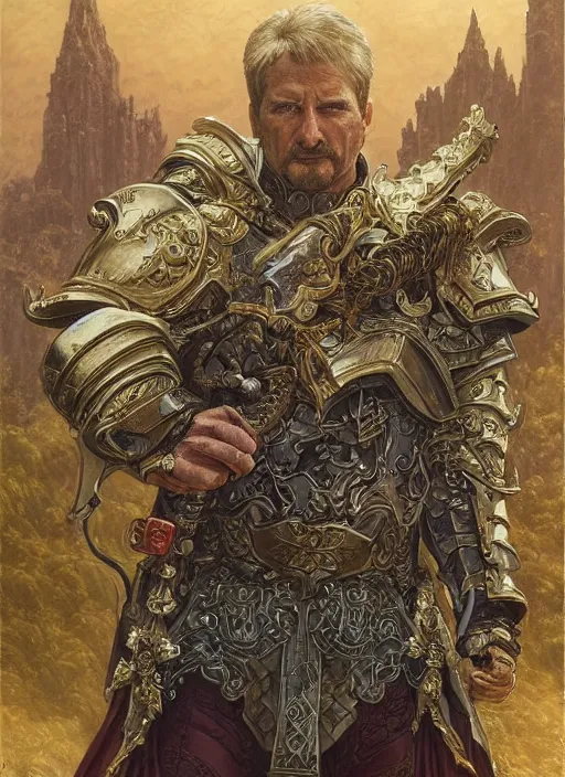 Image similar to fantasy style portrait of a male paladin, castle setting, intricate, elegant, highly detailed, matte, sharp focus, art by donato giancola and bayard wu, geof darrow, cinematic lighting