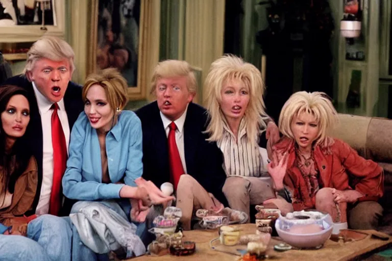 Prompt: Angelina Jolie, boris johnson, The Alien from the movie 'Alien', dolly parton, donald trump are best friends, on set of Friends TV show, still photo, hyperrealistic, 35mm, 8k, by weta digital