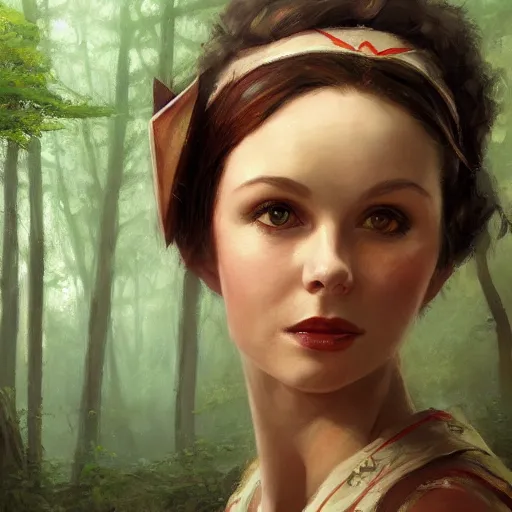 Image similar to closeup portrait of a young vivian leigh with elf ears, forest background, megacity, high fantasy, gorgeous view, depth, high detail, digital art, painted by greg rutkowski, trending on artstation