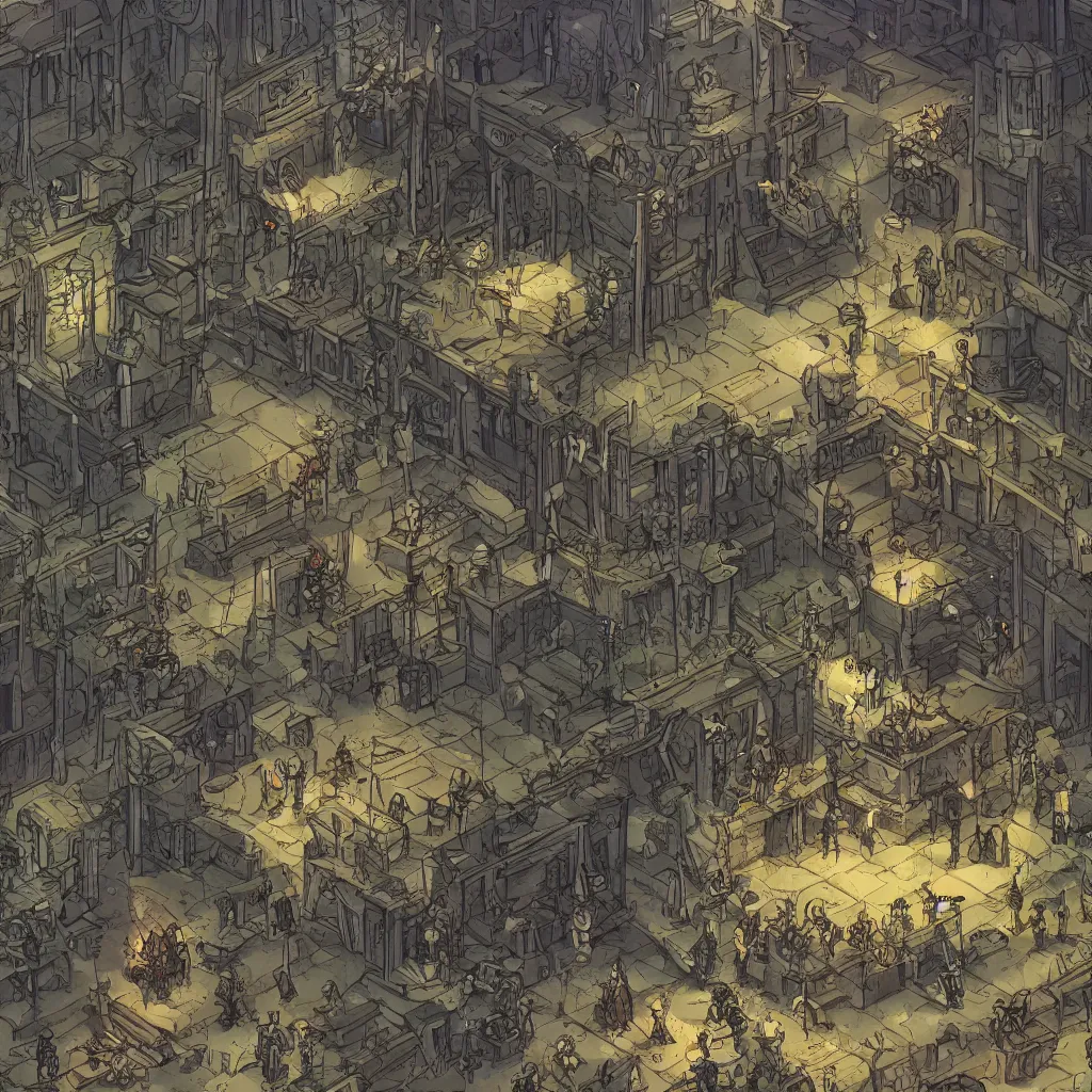 Image similar to An intensely bureaucratic villains lair with dozens of henchman doing paperwork, gridless DND map, 8k digital art, high quality,