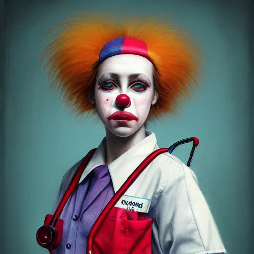 Image similar to clowncore pastel punk young hospital nurse wearing stylish uniform. detailed, portrait, 8 k, artwork by jean - baptiste monge