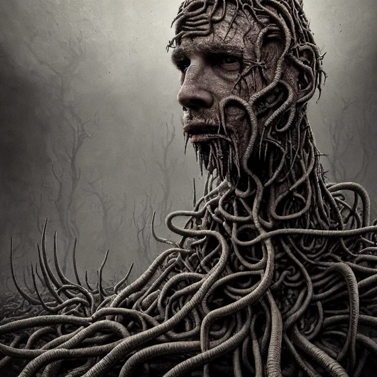 Image similar to ribbed abandoned man face portrait, covered with tentacles, spines, roots, baroque painting, standing in a desolate empty wasteland, creepy, nightmare, dream-like heavy atmosphere, surreal abandoned buildings, beautiful detailed intricate insanely detailed octane render trending on Artstation, 8K artistic photography, photorealistic, chiaroscuro, Raphael, Caravaggio, Beksinski, Giger