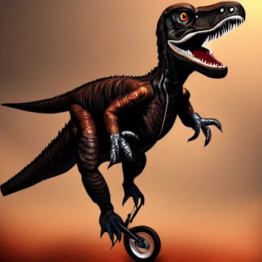 Image similar to a velociraptor riding a motorbike wearing a leather jacket, mordenism, trending on artstation, make it look like it was created by dall - e 2