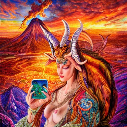 Prompt: painting by senior concept artist josephine wall horned ram goddess checking her cell phone erupting volcano and sunset in distance in background flowers in foreground zodiac fantasy acrylic on canvas intricately detailed highly detailed high resolution hdr 8 k trending on artstation