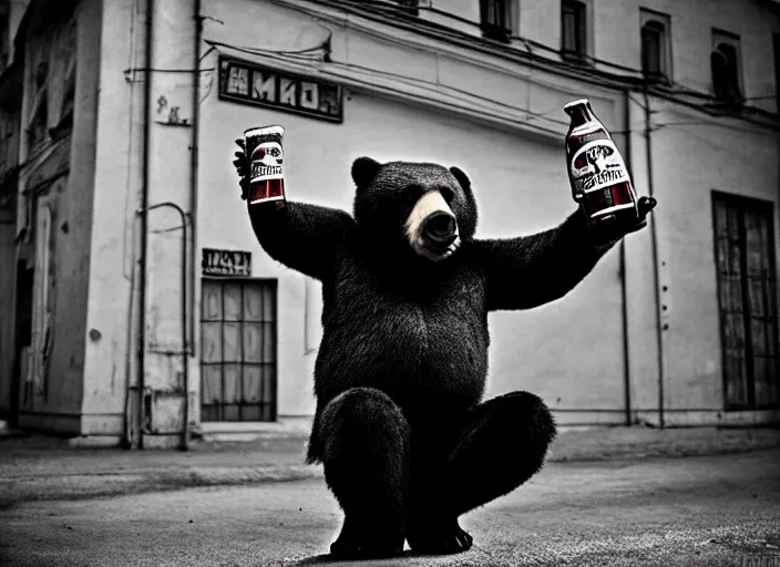 Image similar to gopnik drinking cheap beer with a bear, soviet exterior, symmetrical, cinematic, real photography