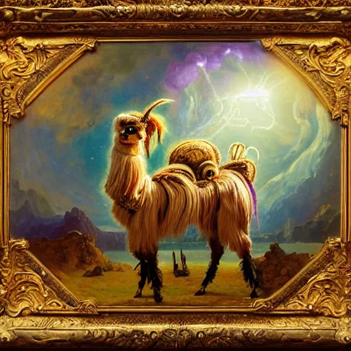 Image similar to detailed baroque portrait of a llama with dreadlocks, realistic creature concept, heroic pose, space nebula in background, Ilya Repin oil painting, by chriss foss, 4k, artstation
