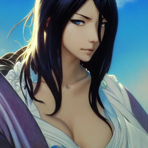 Image similar to highly detailed vfx portrait of nico robin by eiichiro oda!, makoto shinkai, alphonse mucha, sharp focus, art by artgerm and greg rutkowski!, backlit, harsh overhead sunlight, blue eyes!!, large aquiline nose!!, stanley kybric, kaoru mori, detailed, anime, best of behance,