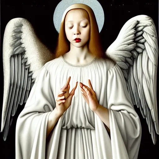 Image similar to highdetailed hyperrealistic painting of white angel!!! no gender smiling noface!!!, light instead of hands, white sparkles everywhere, 4 k hd face!!!, big silver high detailed wings!!!, renaissance, by jan van eyck, holography space, glow effect, large strokes, monochrome!!!!!