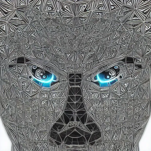 Image similar to Geometrically surreal Artificial Intelligence Robot extremely high detail, photorealistic, intricate line drawings, dotart, album art in the style of James Jean