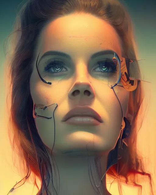 Image similar to portrait of lana del rey as a cyborg. intricate abstract. intricate artwork, by tooth wu, wlop, beeple, dan mumford. concept art, octane render, trending on artstation, greg rutkowski very coherent symmetrical artwork. cinematic, key art, hyper realism, high detail, octane render, 8 k, iridescent accents