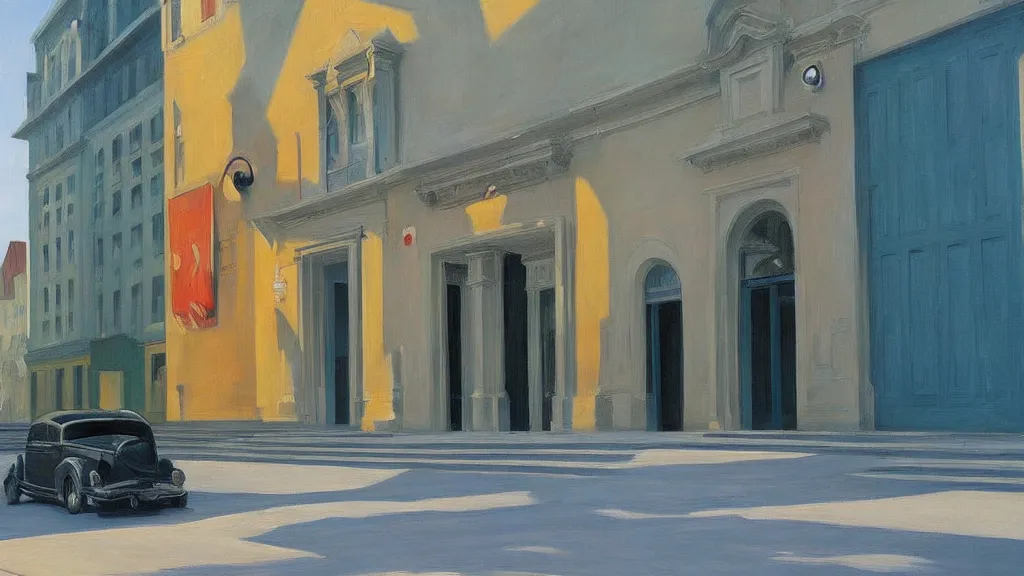 Image similar to Street art. paralyzed by the indescribable beauty of the cosmos. facade of the entrance to the museum. art style by Edward Hopper daring, incredible