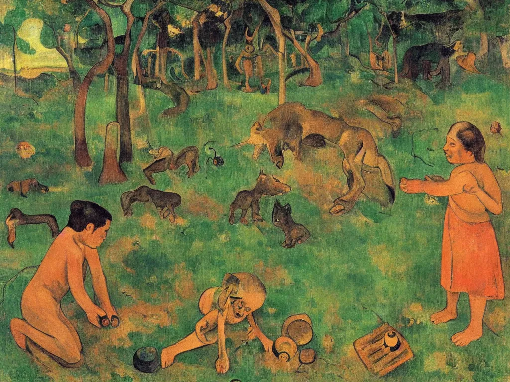 Image similar to an evil 6 - eyed wolf observing a child in the forest playing with a toy next to a hut, by paul gauguin and balthus,