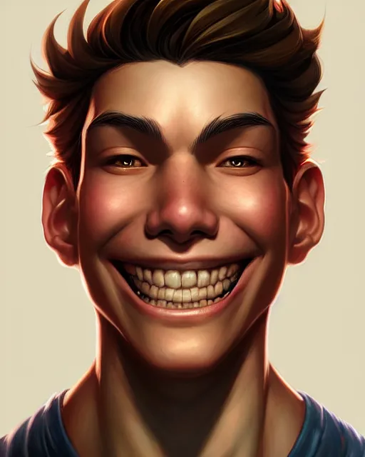 Image similar to digital art, fantasy portrait of a boy with a large smile, by James Jean and by artgerm, by ross tran , ultradetailed, charachter design, concept art, trending on artstation,