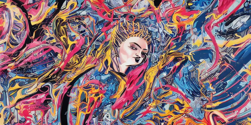 Prompt: Tristan Eaton's wallpaper, Fluid electricity, rayonism