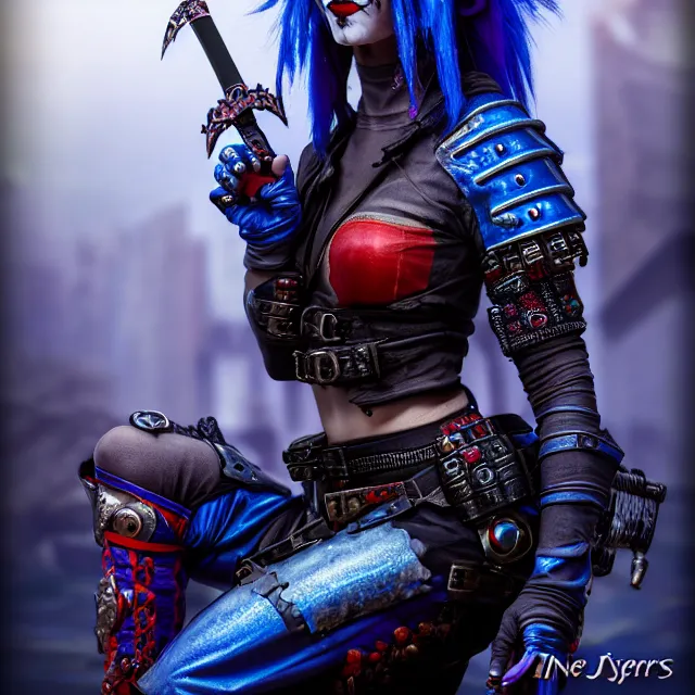 Image similar to cyberpunk jester warrior, highly detailed, 4 k, hdr, smooth, sharp focus, high resolution, award - winning photo, anne stokes, photorealistic