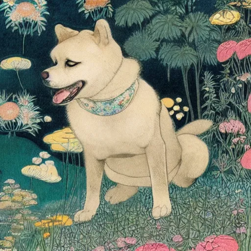 Image similar to akita inu dog wearing a floral kimono in a fanciful garden, by warwick goble and kay nielsen, highly detailed