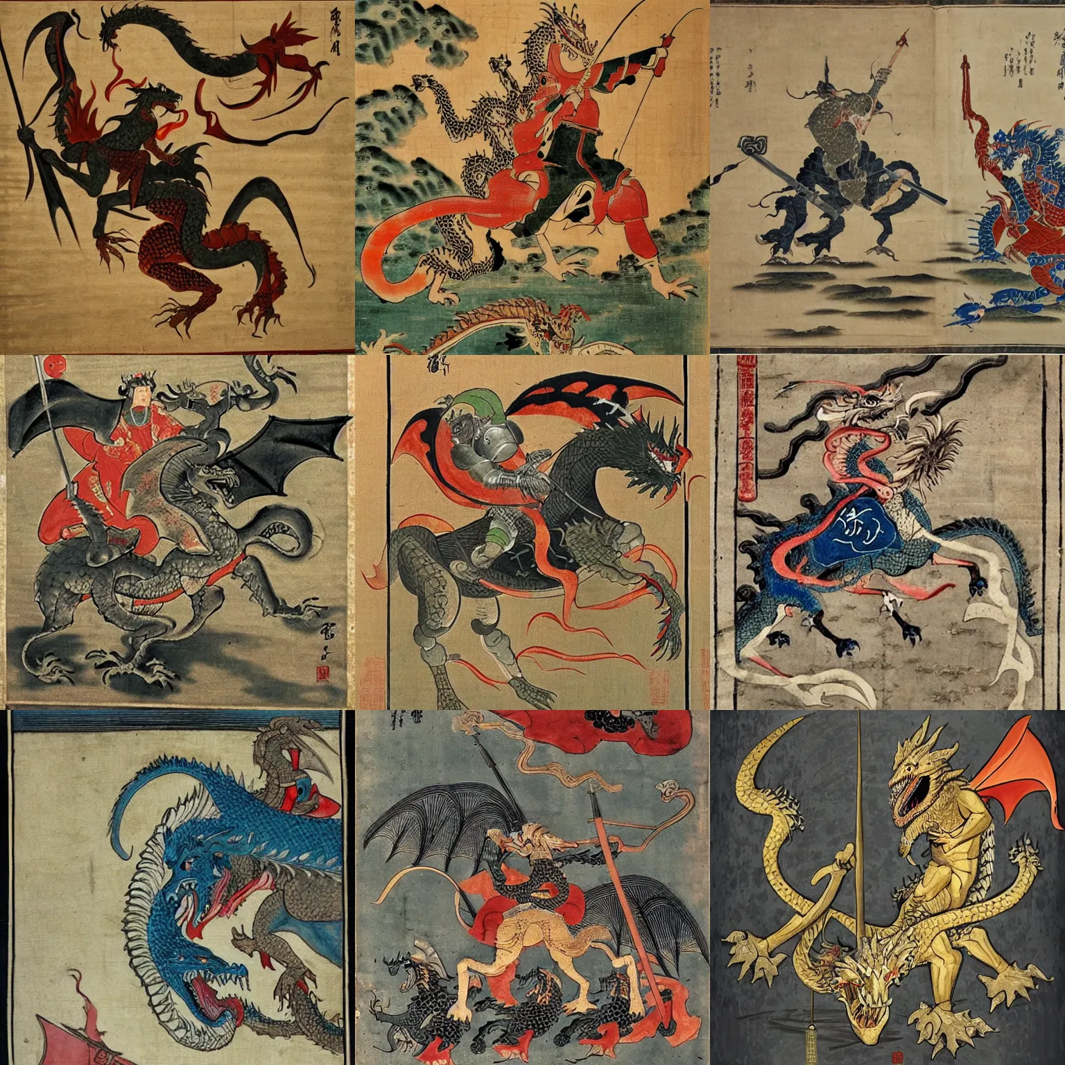 Prompt: european medieval knight fighting a dragon in the style of old chinese art