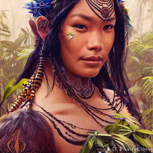 Prompt: A Pacific Islander Ruler, facial tattoos, artists portrait, wild jungle, fantasy, highly detailed, digital painting, concept art, sharp focus, depth of field blur, illustration, art by artgerm and greg rutkowski and alphonse mucha