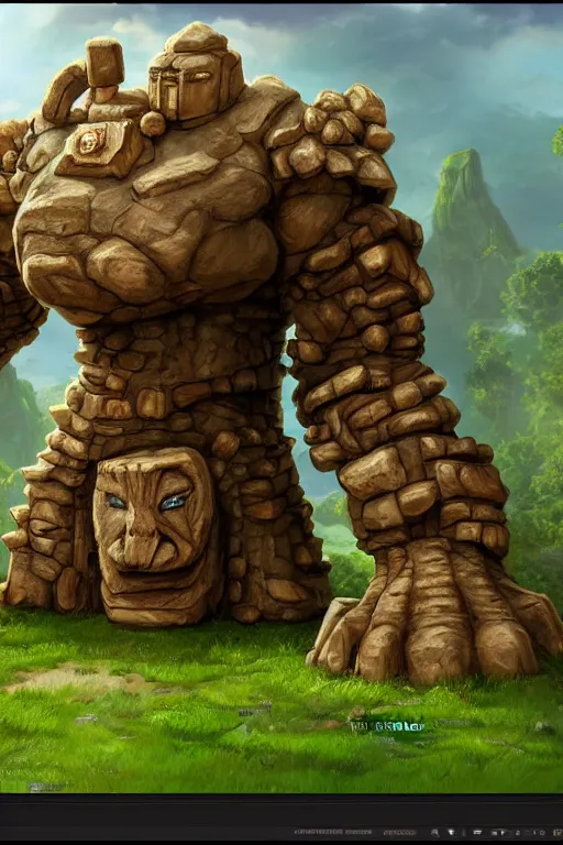 Image similar to zelda fantasy art giant golem troll wood rock greeble gemstone, global illumination ray tracing hdr fanart arstation by sung choi and eric pfeiffer and gabriel garza and casper konefal