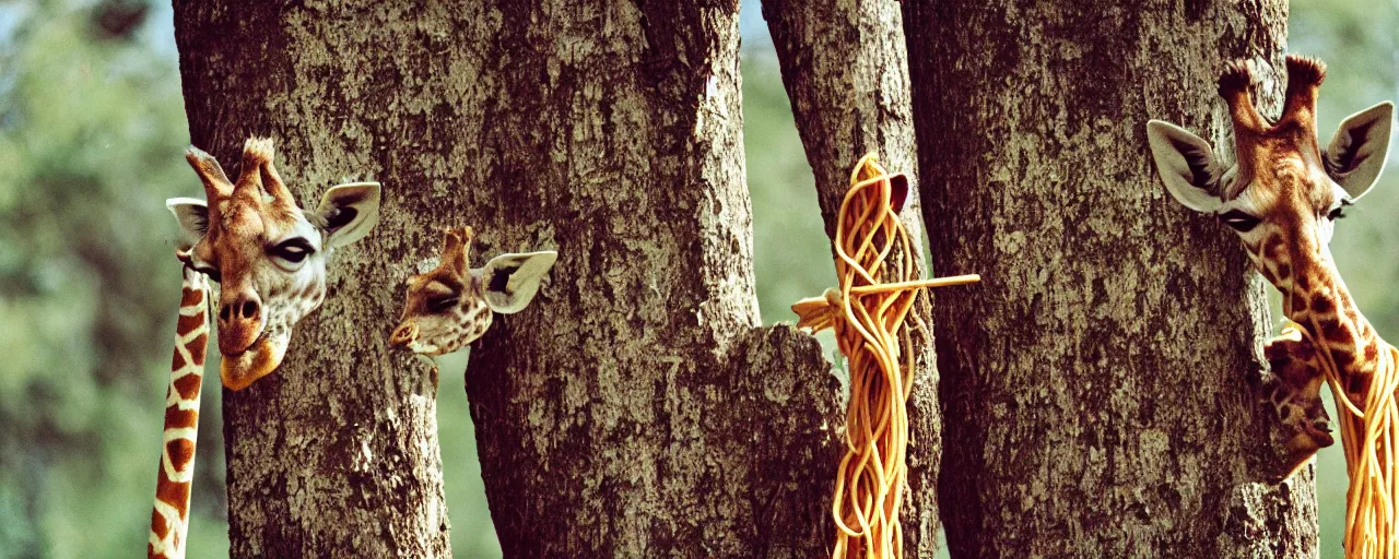 Prompt: a giraffe ( only 1 ) eating spaghetti off a tree, in the style of national geographic, canon 5 0 mm, kodachrome, retro, muted, visual noise