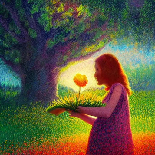 Image similar to girl with large flower as a face, flower field, big trees, sunrise dramatic light, impressionist painting, colorful clouds, digital painting, pointillism, artstation, simon stalenhag