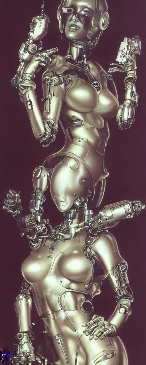 Image similar to beauty cyberpunk woman, robotic, laser, trending on artstation, by Hajime Sorayama and Boris Vallejo