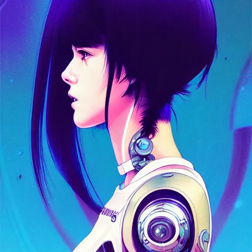 Image similar to side portrait scifi cyborg girl with robotic parts and spacesuit | | head only in center of image, audrey plaza, fine detail!! anime!! realistic shaded lighting!! poster by ilya kuvshinov katsuhiro otomo ghost - in - the - shell, magali villeneuve, artgerm, jeremy lipkin and michael garmash and rob rey