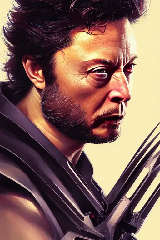 Prompt: elon musk as wolverine, realistic portrait, symmetrical, highly detailed, digital painting, artstation, concept art, smooth, sharp focus, illustration, cinematic lighting, art by artgerm and greg rutkowski and alphonse mucha