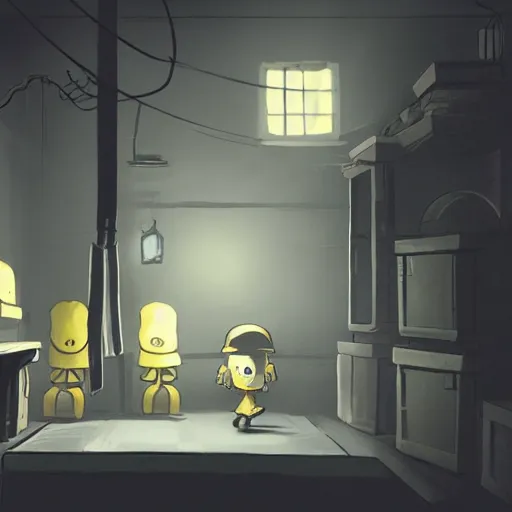 Image similar to storage lab concept art inspired by the game little nightmares and limbo