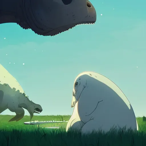 Image similar to a tyrannosaurus eating a baby harp seal, in a tropical alien world, atey ghailan, goro fujita, studio ghibli, scary lighting, clear focus, very coherent