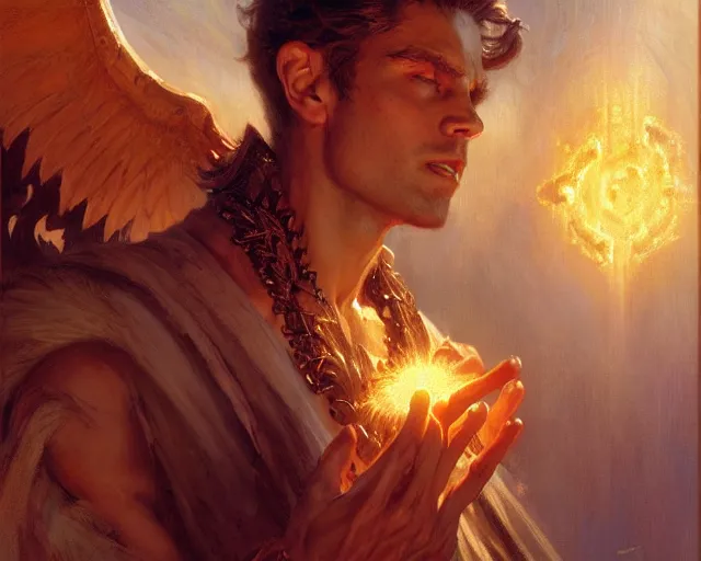 Image similar to attractive male deity, casting demonic magic, summoning handsome lucifer morning star. highly detailed painting by gaston bussiere, craig mullins, j. c. leyendecker 8 k