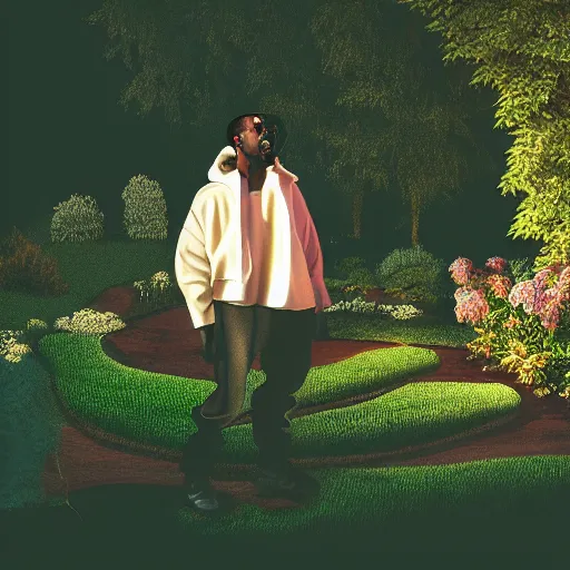 Prompt: Kanye West performing a song in the middle of a garden, vintage camera, dreamy, atmospheric, golden hour, cinematic lighting, 8K concept art