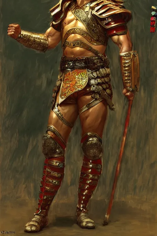 Image similar to attractive muscular male with armor and clothes, tang dynasty, character design, colorful paint, sweat, painting by gaston bussiere, craig mullins, j. c. leyendecker