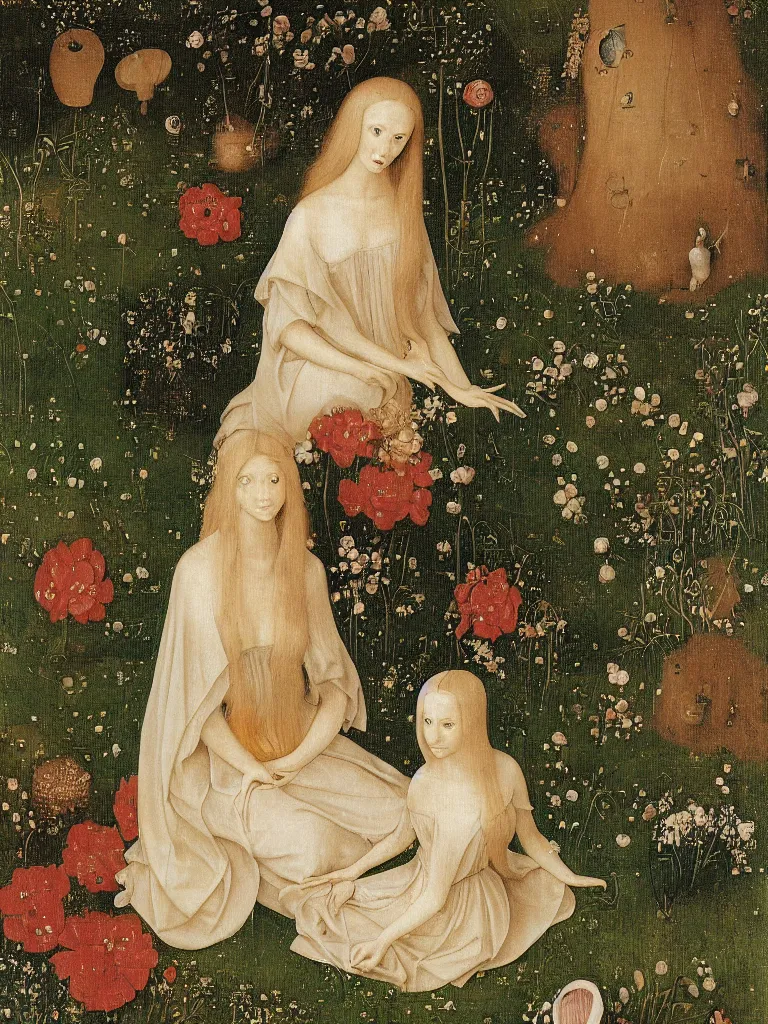 Image similar to elf maiden with long golden hair, wearing alexander mcqueen dress, sitting among flowers in the garden in the style of hieronymus bosch,